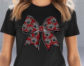 Red & Black Game Day Bow PNG | Rhinestone Bulldog Print Cheer Bow Clipart | Sparkly Sports Spirit Bow Digital Download
