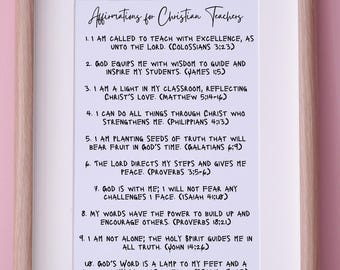 Christian Teacher Affirmation Printable Wall Art from the Bible - 4 designs in 1/Daily Affirmations for Teachers - PDF and High Quality JPG