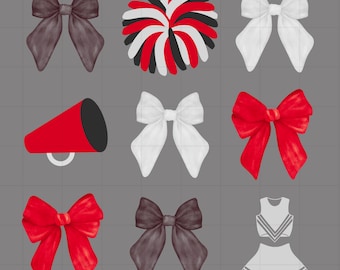 Red, Black, White School Colors Bow Coquette Cheerleader PNG, Feminine Cheer PNG, Girly Cheer PNG, Bows with Megaphone, Uniform, etc.