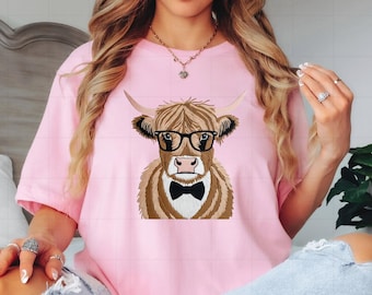 Preppy Highland Cow PNG, Fancy Cow with Bow Tie PNG, Faux Embroidered Highlander Cow, Cow Sublimation Design for Highland Cow Lovers, Funny