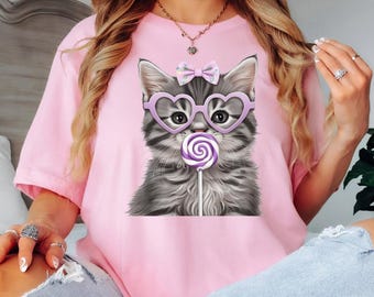 Coquette Grey Kitten with Purple Lollipop PNG | Kitten Lollipop PNG | Cat Lovers Sublimation File for T-Shirts Gifts | Adorable Kitten Art