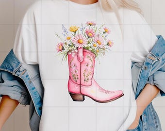 Girly Pink Cowgirl Boot Floral, Wildflowers Southern Coquette Aesthetic, Pretty Vintage Cowgirl Boot Western Apparel Sublimation Design