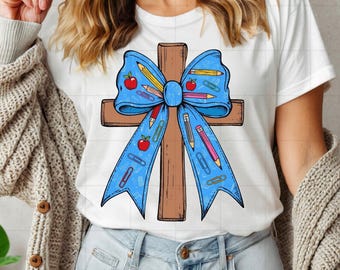 Christian Teacher Coquette Bow Cross, Jesus Teacher PNG, School Supply Bow, Christianity PNG, Easter Teacher PNG, Faith Based Sublimation
