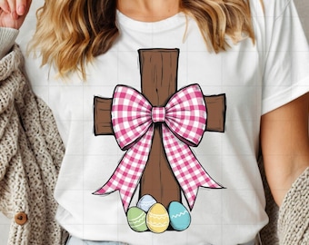 Rustic Easter Cross PNG, Coquette Gingham Bow, Easter Eggs, Sublimation Design, Cross for Gifts or Casual Easter Shirts, Christianity PNG