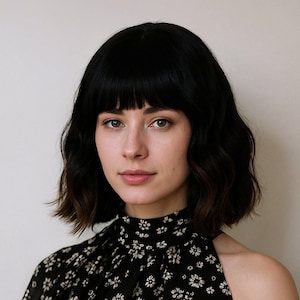 12-Inch Wavy Jet Black Wig with Chestnut Brown Balayage & Full Fringe – Natural Look Hairpiece + Free Wig Cap