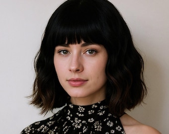 12-Inch Wavy Jet Black Wig with Chestnut Brown Balayage & Full Fringe – Natural Look Hairpiece + Free Wig Cap