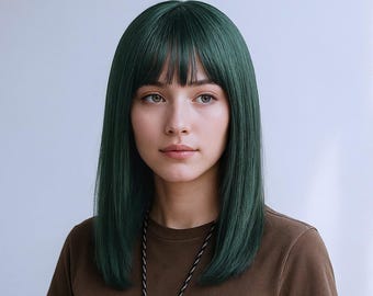 Peruka prosta w kolorze szmaragdowej zieleni z grzywką | 16-calowe włosy syntetyczne do cosplayu i noszenia na co dzień