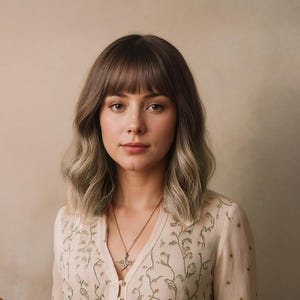14-Inch Wavy Ombre Wig Ash Brown to Platinum Blonde with Full Fringe & Soft Waves – Natural Look + Free Wig Cap
