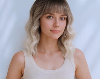 Ash Blonde Bob Wig with Bangs | Dark Root Ombre | 14-Inch Synthetic Hair