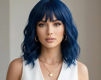 Parrucca bob ondulata blu con frangia / Capelli sintetici corti fino alle spalle, lunghezza 12 pollici