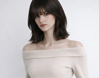 12-Inch Deep Brown Layered Bob Wig with Wispy Bangs | Straight Synthetic Hair
