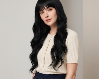 Black Long Wavy Wig with Bangs | 24-Inch Synthetic Hair