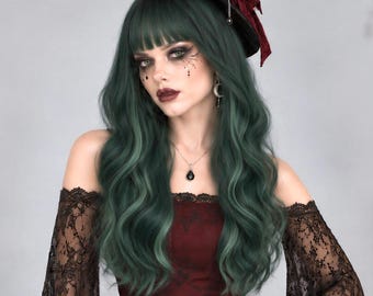 22-Inch Dark Root Emerald Green Wavy Wig with Bangs | Halloween Synthetic Hair