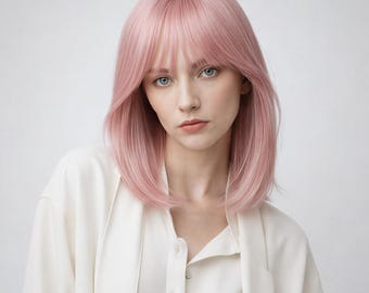 16-Inch Pastel Pink Wig with Bangs | Straight Cosplay Hair