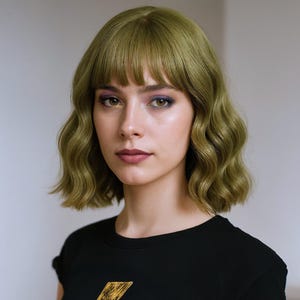 Wavy Bobo Wig Green Pear Colour Short Shoulder Length with Bangs, 12-Inch Fringe, FREE Wig Cap Included