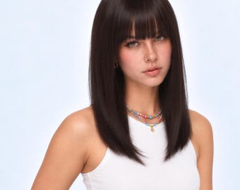 Dark Brown Bob Wig with Bangs | 16-Inch Straight Synthetic Hair