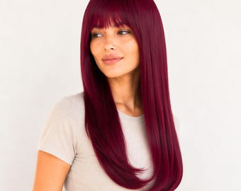 Rode rechte pruik met pony | 22-inch lang synthetisch haar voor cosplay en dagelijks gebruik