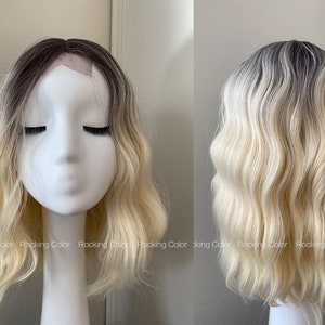 14'' Lace Front Ombre Brown To Blonde Wavy Bob Synthetic Wig - short wigs-FREE Wig Cap