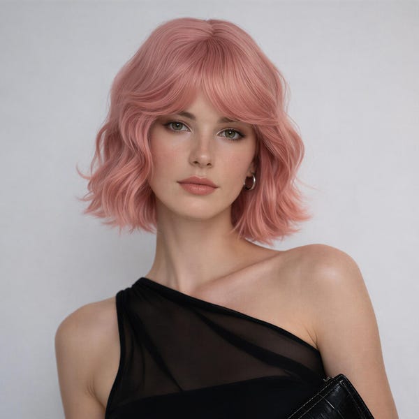 12-Zoll-Rosen-Rosa gewellte Bob-Perücke mit Pony | Weiches kurzes gestuftes Haar