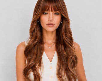 24-Inch Copper Auburn Wavy Wig with Subtle Caramel Highlights & Bangs | Synthetic Hair