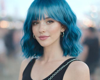 Sky Blue Short Wavy Bob Wig with Bangs, 14-Inch Shoulder-Length Synthetic Hair