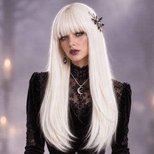Puede incluir: Una peluca larga y lisa de color rubio platino con flequillo, decorada con un accesorio oscuro y ornamentado. La peluca presenta una textura suave y un tono rubio brillante y frío, creando un contraste con la ropa oscura y detallada.