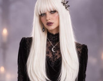 24 Inch White Straight Wig with Bangs, Long Synthetic Halloween Gothic Fantasy Cosplay
