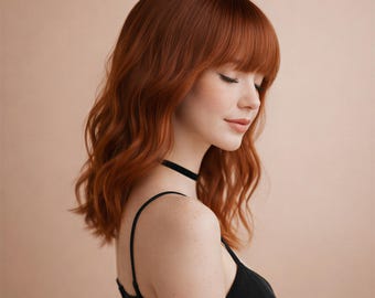 30 cm kopparröd vågig bobperuk med lugg | Kort rödbrunt syntetiskt hår