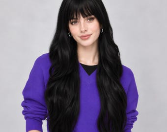 24-Inch Jet Black Wavy Wig with Bangs | Long Synthetic Hair
