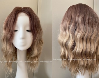 14'' Small Lace Front Ombre Ashy Brown Wavy Bob Synthetic Wig. FREE Wig Cap