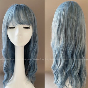 24'' Sky Blue Water Wavy Long Wig with Bangs. FREE Wig Cap