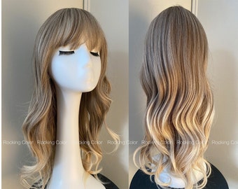 24‘’ Ombre Ashy Blonde Wig with Bangs Synthetic Wig