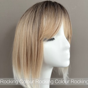 Ice Blonde Dark Root Wig, 12-Inch Short Straight Synthetic Wig with Bangs- Short Ash Blonde Wigs White Ends. FREE Wig Cap