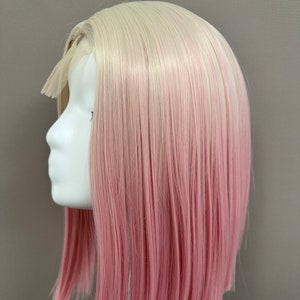 Small Lace Front Wig Platinum Blonde to Pink Ombre - 14" Natural Straight Gradient Look Shoulder-Length with Free Wig Cap