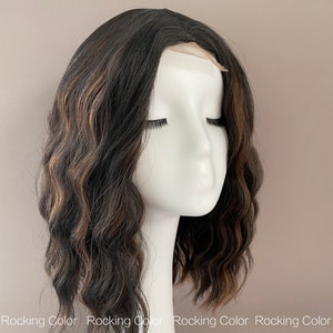 Dark Brown Small Lace Front Highlighted Wavy Wig, 14-Inch Bob Wig for Ladies- Shoulder-Length Wig. FREE Wig Cap