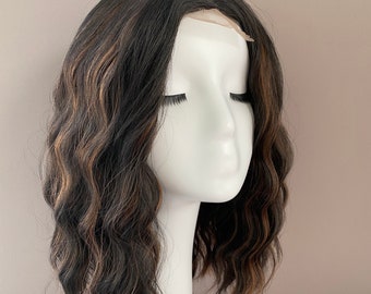Dark Brown Small Lace Front Highlighted Wavy Wig, 14-Inch Bob Wig for Ladies- Shoulder-Length Wig. FREE Wig Cap