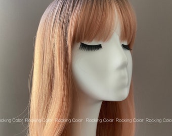 Rose Gold Ombre Bob Wig with Bangs. 18-Inch Dark Root Rose Gold Straight Bob Wig. FREE Wig Cap