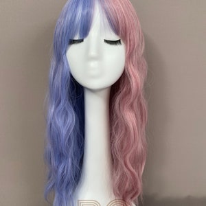 Pastel Blue & Pink Two Tones Culry Wig with Side Bangs. 24-Inch Half Pastel Blue Half Pink  Long Wavy Wig. FREE Wig Cap
