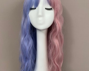 Pastel Blue & Pink Two Tones Culry Wig with Side Bangs. 24-Inch Half Pastel Blue Half Pink  Long Wavy Wig. FREE Wig Cap