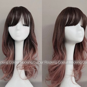 22'' Dark Ombre Rose Pink Long Wave Wig with Bangs-FREE Wig Cap