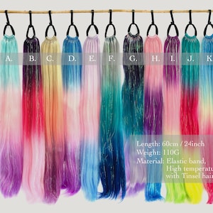 Extensiones de cola de caballo con oropel de 61 cm / 9 mechones con elástico / 20 colores para festivales