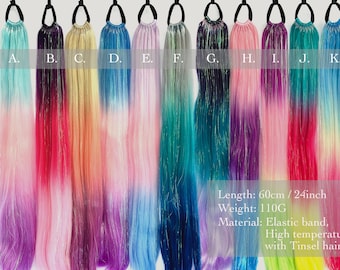 Tinsel Ponytail Extensions 24-Inch | 9 Bundles with Elastic Tie | 20 Festival Colours