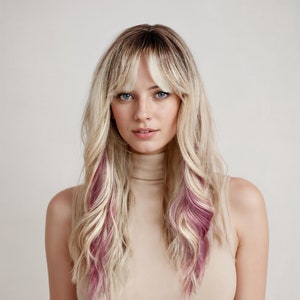 Highlight Wig Blonde Ombre with Pink Highlights & Bangs, 24-Inch Dark Root Ash Blonde Wavy Hair, Free Wig Cap Included