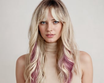 Highlight Wig Blonde Ombre with Pink Highlights & Bangs, 24-Inch Dark Root Ash Blonde Wavy Hair, Free Wig Cap Included