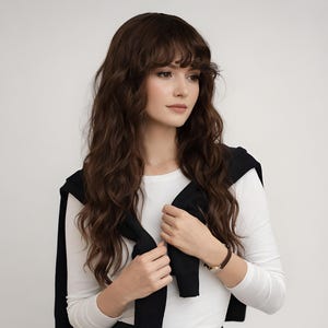24-inch donkerbruine golvende pruik met pony – lang gelaagd synthetisch haar