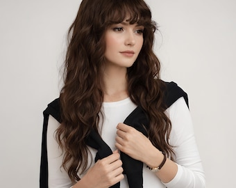 24-inch donkerbruine golvende pruik met pony – lang gelaagd synthetisch haar