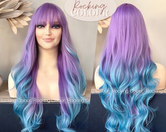 24'' Purple and Blue Wave Wig with Bang - Ombre Violet Blue hair Long Wave Wigs