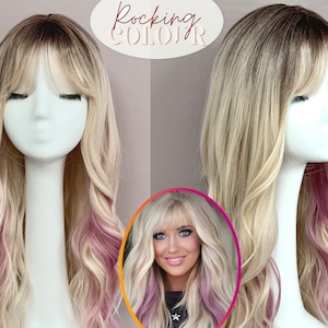 24'' Dark Roots Blonde Wave highlight wig with Bangs / Ash blonde wave bangs wigs for women / Pink highlight blonde wigs for ladies