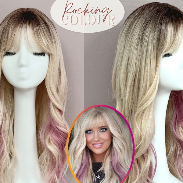 24'' Dark Roots Blonde Wave highlight wig with Bangs / Ash blonde wave bangs wigs for women / Pink highlight blonde wigs for ladies