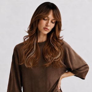May include: A long, layered, wavy brown wig with subtle lighter highlights and curtain bangs. The hair features a voluminous, textured style with soft waves cascading down the shoulders, paired with a plain, loose-fitting brown t-shirt.